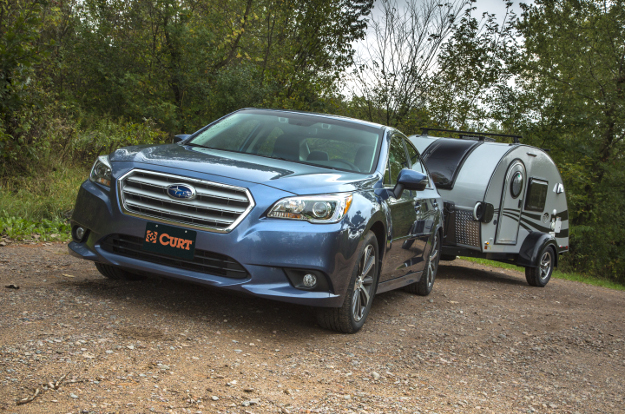 Subaru car towing teardrop camper with CURT class 1 trailer hitch Subaru car towing teardrop camper with CURT class 1 trailer hitch